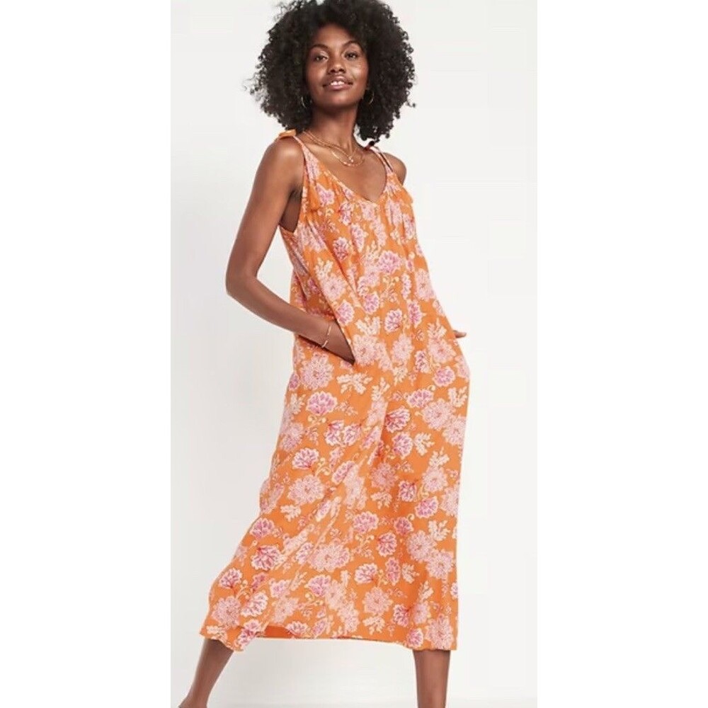 New Old Navy Women’s Size L Orange Pink Floral Maxi Tiered Sundress Pockets